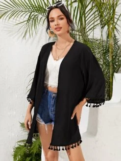 SHEIN WYWH Open Front Drop Shoulder Tassel Hem Kimono -Curated Swimwear 1585648134f13738f6c07b3560a6e44b24f6827bcb thumbnail 405x552