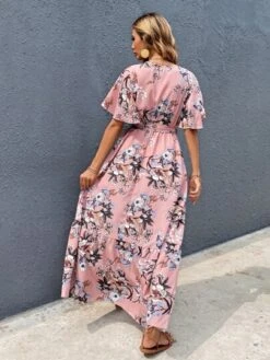 SHEIN VCAY Surplice Front Floral Print Belted Dress