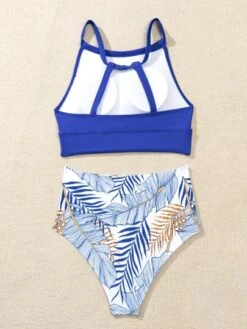 Tropical Print Tankini Set Halter 4-Way Elastic Back Top & High Waisted Bottom 2 Piece Bathing Suit