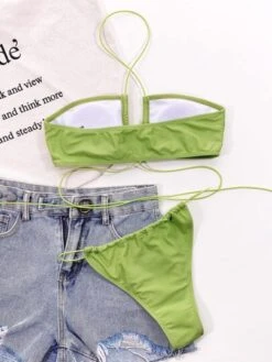 Solid Halter Thong Bikini Swimsuit