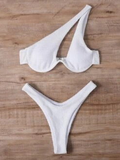 Textured Bikini Set Underwire One Shoulder Bra & High Cut Bottom 2 Piece Bathing Suit -Curated Swimwear 16246083072e575c23ece04570e87697341b83f1eb thumbnail 405x552