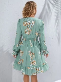 SHEIN Maternity Floral Print Shirred Tie Front Flounce Sleeve Ruffle Hem Dress