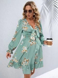 SHEIN Maternity Floral Print Shirred Tie Front Flounce Sleeve Ruffle Hem Dress -Curated Swimwear 1628498528af1ac547c5ae43e73b2dba10d9a9f0e7 thumbnail 405x552