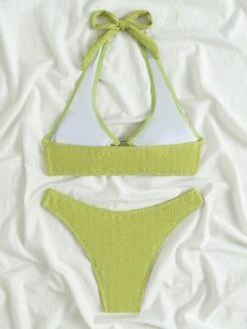 Smocked Ring Linked Halter Bikini Swimsuit