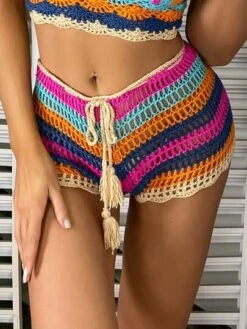 Striped Knitted Tie Front Cover Up Shorts -Curated Swimwear 1634884921a5d1b94b6431f051cb04b607617c1212 thumbnail 405x552