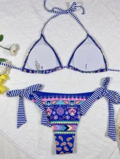 Floral Bikini Set Halter Triangle Bra & Wide Strap Side Thong Bottom 2 Western Piece Bathing Suit