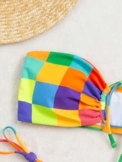 Colorful Checkered Bikini Set Bandeau Bra & Thong Bottom 2 Piece Bathing Suit -Curated Swimwear 163617940330abf4d1ede3c32dfb61af3bd11407fa thumbnail 405x552