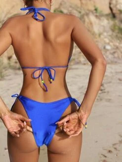 Bikinx Solid Bikini Set Halter Triangle Bra & Beaded Thong Bottom 2 Piece Swimsuit