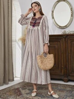 SHEIN Najma Floral & Geo Print Flounce Sleeve Tassel Trim Tie Neck Dress -Curated Swimwear 16384257769a3077edd31f08d464122f98043e17cd thumbnail 405x552