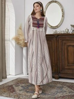 SHEIN Najma Floral & Geo Print Flounce Sleeve Tassel Trim Tie Neck Dress -Curated Swimwear 1638425782062c6cee15e6f423af00e626a29c740a thumbnail 405x552