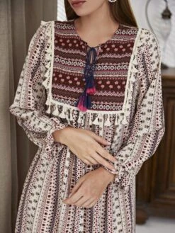 SHEIN Najma Floral & Geo Print Flounce Sleeve Tassel Trim Tie Neck Dress -Curated Swimwear 1638425784291bc985c0d6a9eee8f808913b2ad59e thumbnail 405x552