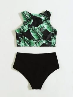Tropical Print Tankini Set Knot Hem Tank Top & High Waist Bikini 2 Piece Swimsuit