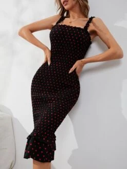 SHEIN Mulvari Polka Dot Ruffle Hem Shirred Bodycon Dress -Curated Swimwear 16387719307feef3b67f05fc67594843d69ee6b3ac thumbnail 405x552