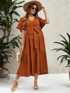 SHEIN Maternity Flutter Sleeve Ruffle Hem Belted Dress -Curated Swimwear 163935946612b3db11f59a31ff51949dc04d452088 thumbnail 405x552