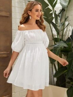 SHEIN Maternity Off Shoulder Puff Sleeve Ruched Belted Dress -Curated Swimwear 1639449535fd62374714d5f72012e38a5e2031e07a thumbnail 405x552