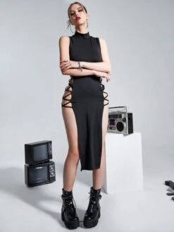 SHEIN ICON Mock Neck Lace Up Side Split Thigh Dress Without Panty -Curated Swimwear 1640860676ea4ba695151b0c0bf1eb74467c721f22 thumbnail 405x552