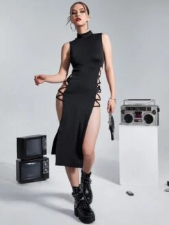 SHEIN ICON Mock Neck Lace Up Side Split Thigh Dress Without Panty -Curated Swimwear 1640860677ea73cd12f73aeee14edfe82f8bd2118c thumbnail 405x552