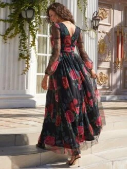 Missord Floral Print Lantern Sleeve Ruched Mesh Maxi Dress