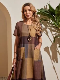 EMERY ROSE Plaid Color Block Dual Pocket Dress -Curated Swimwear 1642482645344d5bde5ff4c1d2a962769b30c7df3b thumbnail 405x552