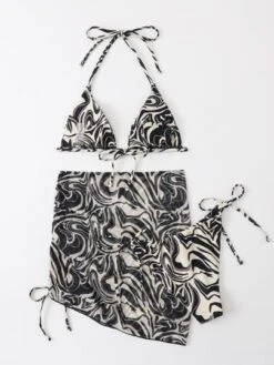 Allover Print Halter Triangle Bikini Swimsuit With Beach Skirt