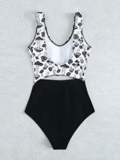 Mushroom Print Cut-out One Piece Swimsuit