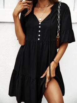SHEIN LUNE Fake Button Flounce Sleeve Ruffle Hem Tie Neck Smock Dress -Curated Swimwear 1647855117e0bd3872bc8de486fded29a67d2d90a6 thumbnail 405x552