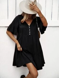 SHEIN LUNE Fake Button Flounce Sleeve Ruffle Hem Tie Neck Smock Dress -Curated Swimwear 16478551224c7a65cf4978aeb1d634dd432cfa017a thumbnail 405x552