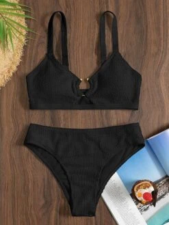 Textured Bikini Set Ring Linked Cut Out Bra Top & High Waisted Bikini Bottom 2 Piece Swimsuit -Curated Swimwear 164843232466fa4e243d5fd32936577a915802bd2b thumbnail 405x552