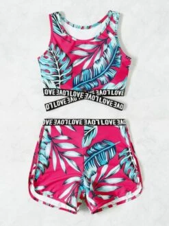 Tropical Print Bikini Set Letter Tape Cross Tank Top & Boxer Shorts 2 Piece Swimsuit -Curated Swimwear 1648437804344047df07c054f4ee440bb6796b5aab thumbnail 405x552