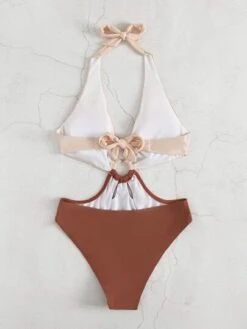 Colorblock Ring Linked Halter One Piece Swimsuit