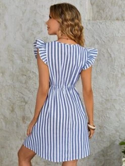 SHEIN VCAY Vertical Striped Fake Button Ruffle Sleeve Drawstring Waist Dress