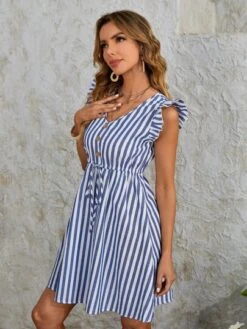 SHEIN VCAY Vertical Striped Fake Button Ruffle Sleeve Drawstring Waist Dress -Curated Swimwear 1652149666301f31b20977f44c1fad06057a392054 thumbnail 405x552