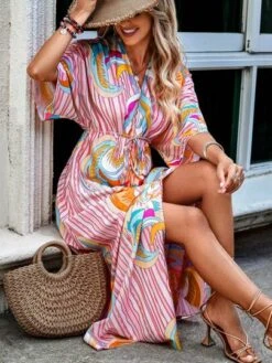 SHEIN VCAY Graphic & Striped Frill Pearls Split Hem Batwing Sleeve Dress -Curated Swimwear 16522603673caef38eff977de1fdf6e268d0e635fe thumbnail 405x552