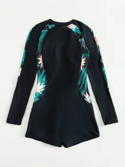 Random Tropical Print Zip Front One Piece Swimsuit