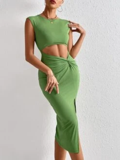 SHEIN Privé Twist Cut Out Split Thigh Bodycon Dress -Curated Swimwear 16532947384fd1914302c9cd0b2d9a63181a50069d thumbnail 405x552