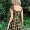 ROMWE PUNK Grunge Plaid Print Knotted Front Lace Trim Dress