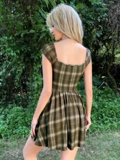 ROMWE PUNK Grunge Plaid Print Knotted Front Lace Trim Dress