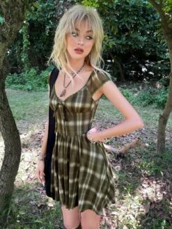 ROMWE PUNK Grunge Plaid Print Knotted Front Lace Trim Dress -Curated Swimwear 16533545486b8f599abc0e97edcb1786cf8183f11c thumbnail 405x552