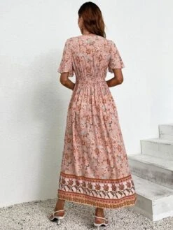 SHEIN VCAY Floral Print Butterfly Sleeve Shirred Waist Tassel Knot Front Dress