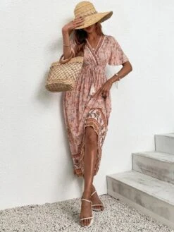 SHEIN VCAY Floral Print Butterfly Sleeve Shirred Waist Tassel Knot Front Dress -Curated Swimwear 1653369135bf72c5f66d5d87972e1c0f318a6a0189 thumbnail 405x552