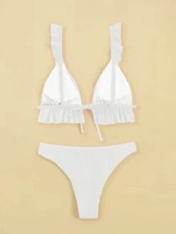 Textured Bikini Set Ruffle Trim Triangle Bra & High Cut Bottom 2 Piece Bathing Suit