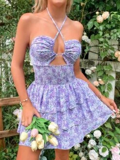 SHEIN WYWH Floral Print Shirred Waist Cut Out Tie Backless Layered Hem Halter Dress -Curated Swimwear 1654497541db2e59bf8b3c8b7f13f2fc755454c23f thumbnail 405x552