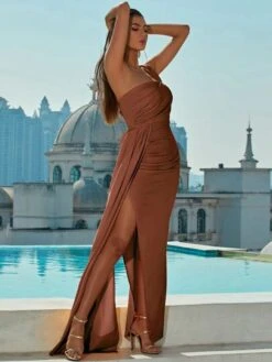 One Shoulder Wrap Hem Satin Floor Length Formal Gown -Curated Swimwear 16547534566a19f02c3bbf336196ee4ebddceb7a07 thumbnail 405x552