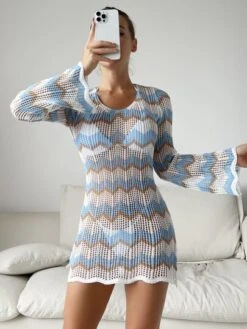 Chevron Pattern Backless Knot Cover Up Dress Without Bikini