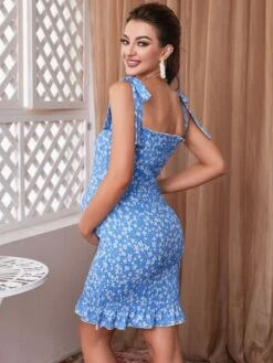 DEARCASE Maternity Ditsy Floral Print Shirred Ruffle Hem Cami Dress