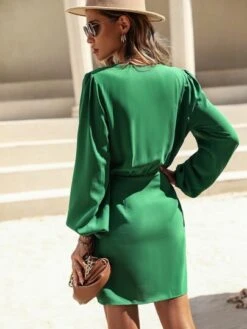 SHEIN LUNE Solid Surplice Neck Bishop Sleeve Dress -Curated Swimwear 16588875978872e013dab3020502572101bd09476c thumbnail 405x552