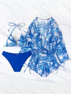 Random Tropical Print Bikini Set Halter Triangle Bra Top & Bikini Bottom & Drawstring Side Cover Up Romper 3 Piece Swimsuit -Curated Swimwear 16606137976c6fce605c23207f0a6370ef4c8afe05 thumbnail 405x552