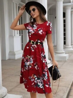 SHEIN Clasi Floral Print Flared Hem Dress Without Belt -Curated Swimwear 166312179890c704f1bc08132830e7946b54d1456f thumbnail 405x552