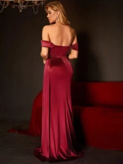 Off Shoulder Slit Thigh Draped Side Bustier Satin Dress