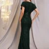 Batwing Sleeve Plunging Neck Sequin Prom Dress